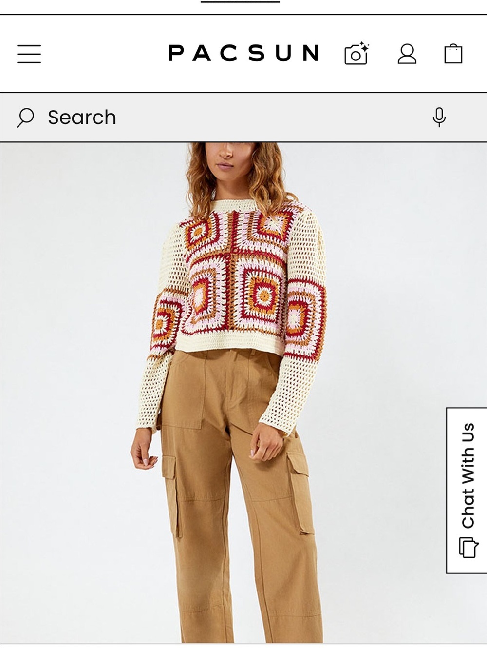 MINKPINK Cream Crochet Crop Sweater with Red & Orange Square Motif